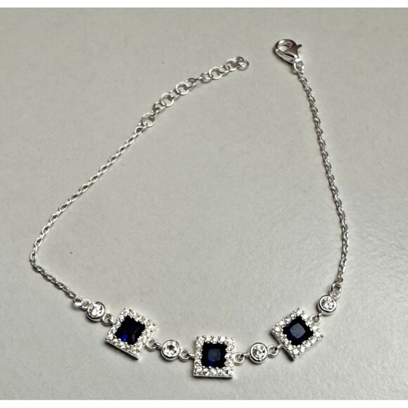 NEW 925 Silver Blue Sapphire Bracelet – Square Station Design, 8 Inches - Picture 8 of 8